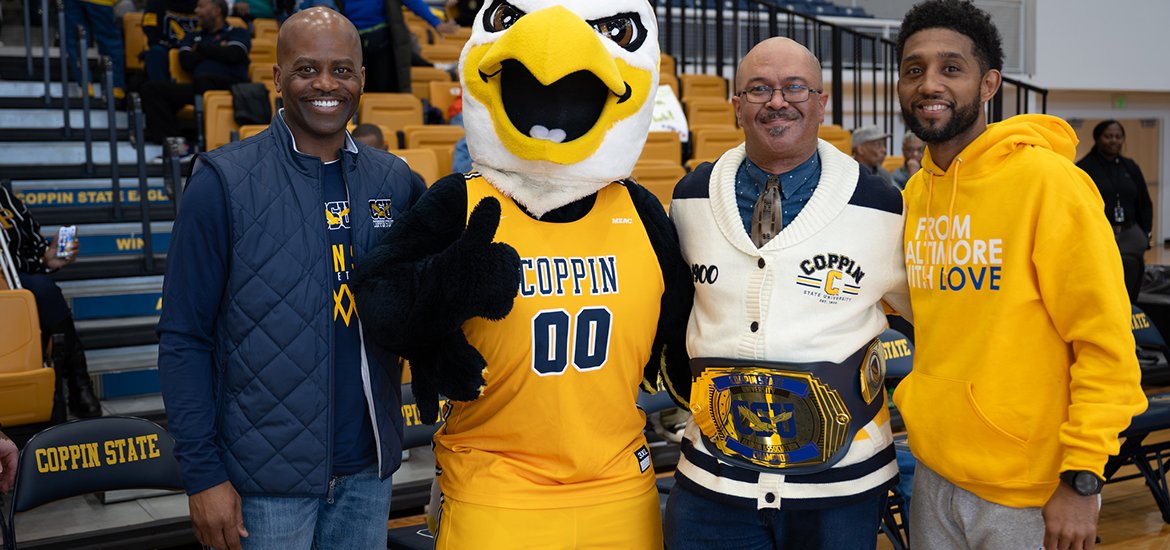 Mayor Brandon M. Scott with Coppin State mascot and others during Coppin State Homecoming 2024
